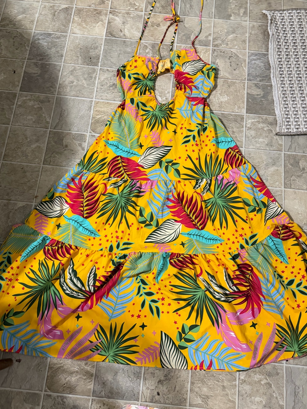 SHEIN Yellow Tropical Halter Cutout Tiered Maxi Dress